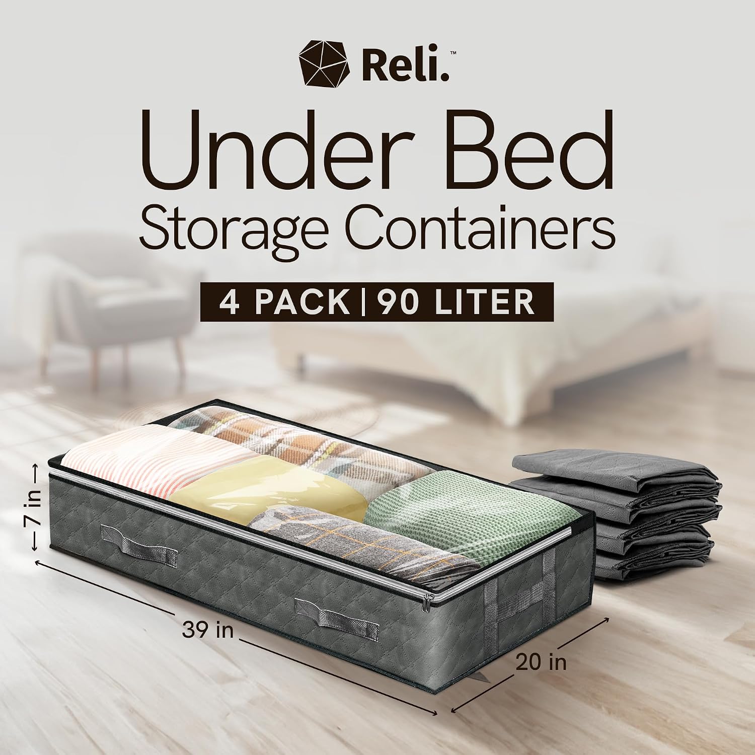 90L Under Bed Storage Containers (4 Pack) | Closet Organizer with Clear Window | Underbed Storage Bins for Towels