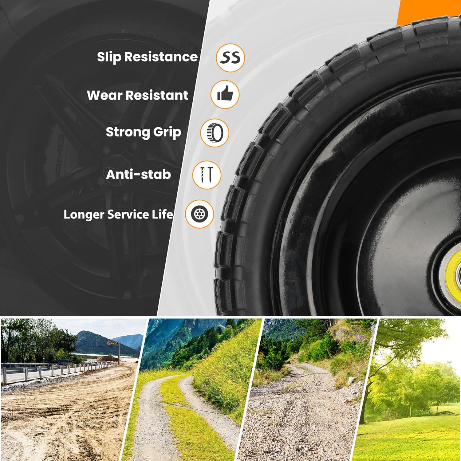 13" Flat Free Wheels Replacement for GOR Garden Cart Tires, 4.00-6 Solid Tires with 5/8"Bearings, 13" No Flat Wheels
