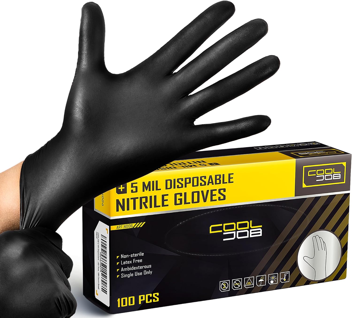 5 Mil Black Disposable Nitrile Gloves for Men, Heavy-Duty for Household Cleaning, Cooking, Working, Powder Free, S-XL