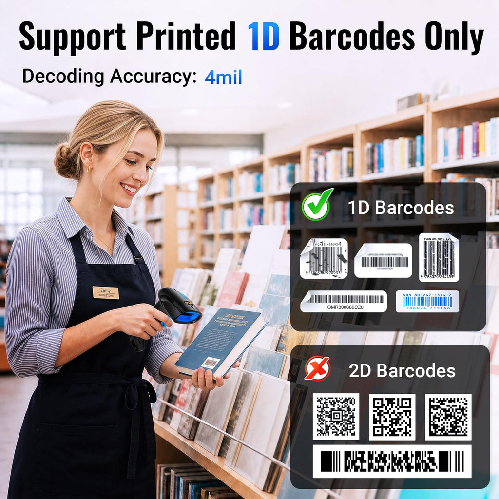 Barcode Scanner 1D Laser Wireless: BT 2.4G USB Handheld Reader, 4100