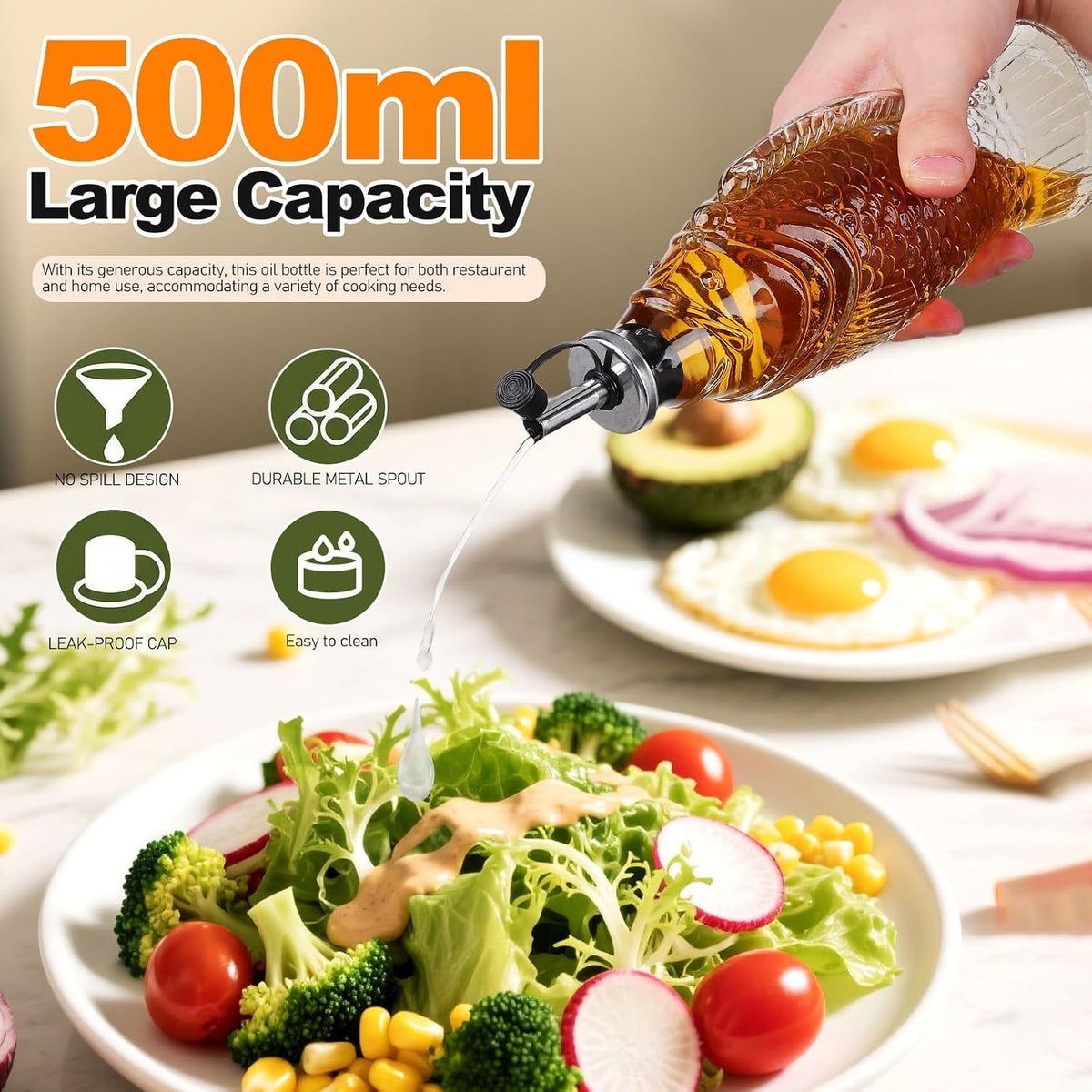 Oil Pitcher for Kitchen Glass Oil Dispenser Bottle Fish Shape Decorative Sauce Container Large Capacity Sauce Bottle
