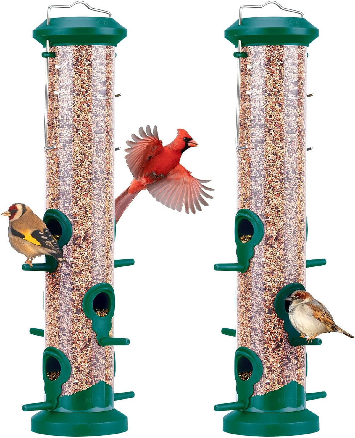 2 Pack Tube Bird Feeders for Outdoors Hanging, Premium Hard Plastic Bird Feeder with 6 Feeding Ports, Weatherproof &