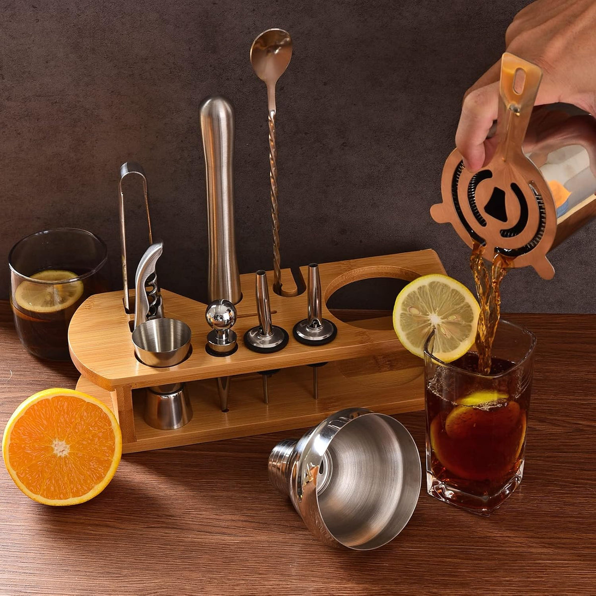 Cocktail Shaker Set Bartender Kit, 12-Pcs Bar Tool with Bamboo Stand