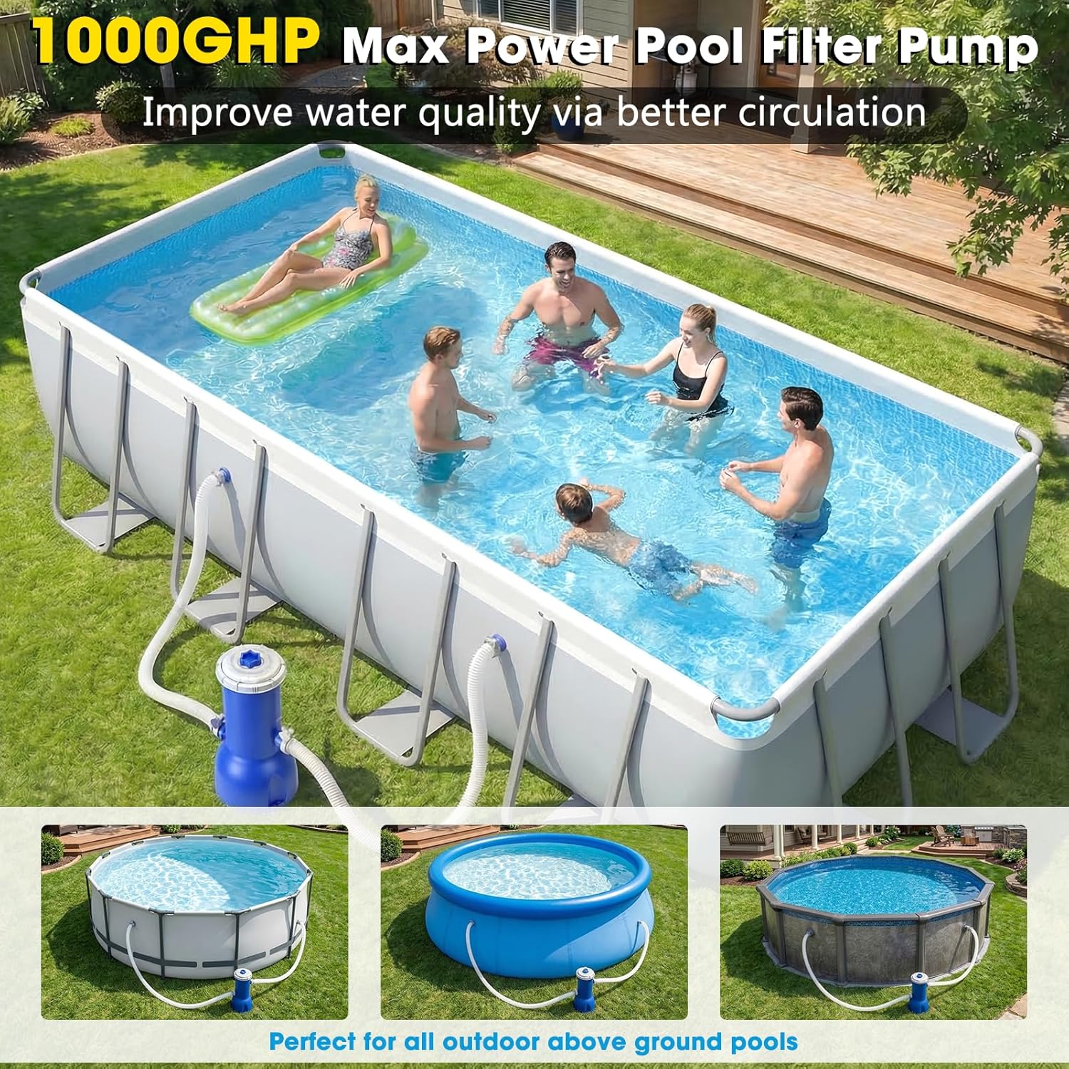 Pool Pump and Filter Above Ground, 1000 Gallon Swimming Filter Cartridge Pumps, Electric Filters Pump for Pools Sand