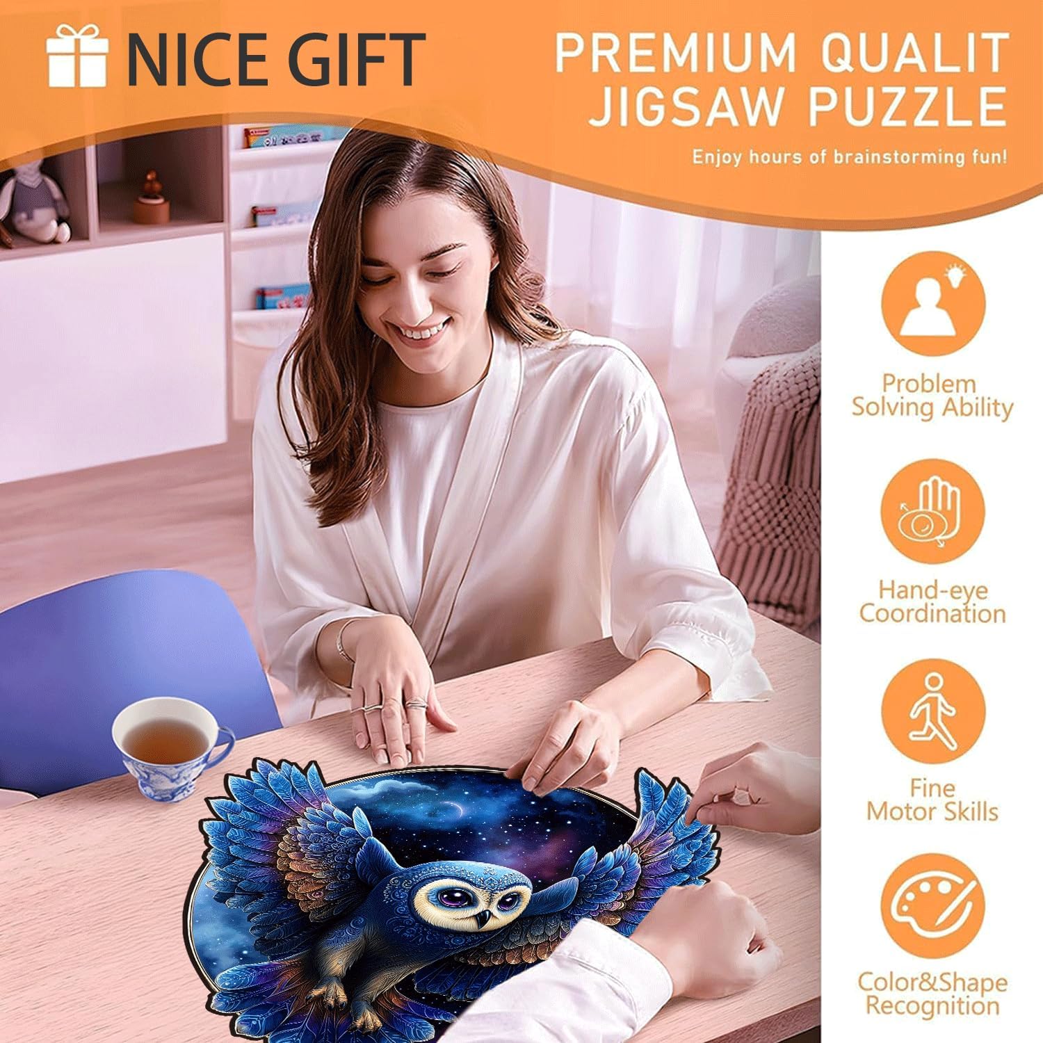 Wooden Jigsaw Puzzles for Adults - Unique Shape Starry Night Owl Puzzle, Irregular Fantasy Animal Pieces, High