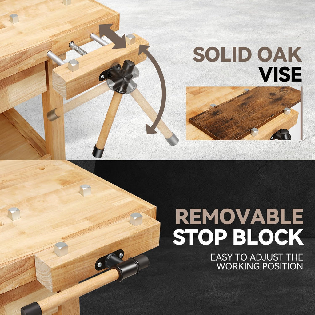 60" Wood Workbench, Heavy Duty w/Adjustable Handle, Workshop | 500Lbs Load Capacity, Woodworking Bench, Natural Wood