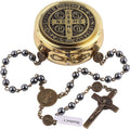 Catholic Rosary St.Benedict Hematite Necklace with Gold Plated Box
