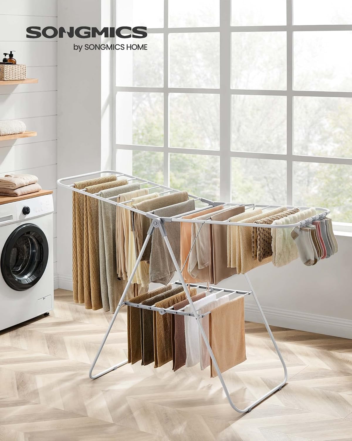 Clothes Drying Rack, with Sock Clips, Metal Laundry Rack, Foldable, Space-Saving, Free-Standing Airer, with 2
