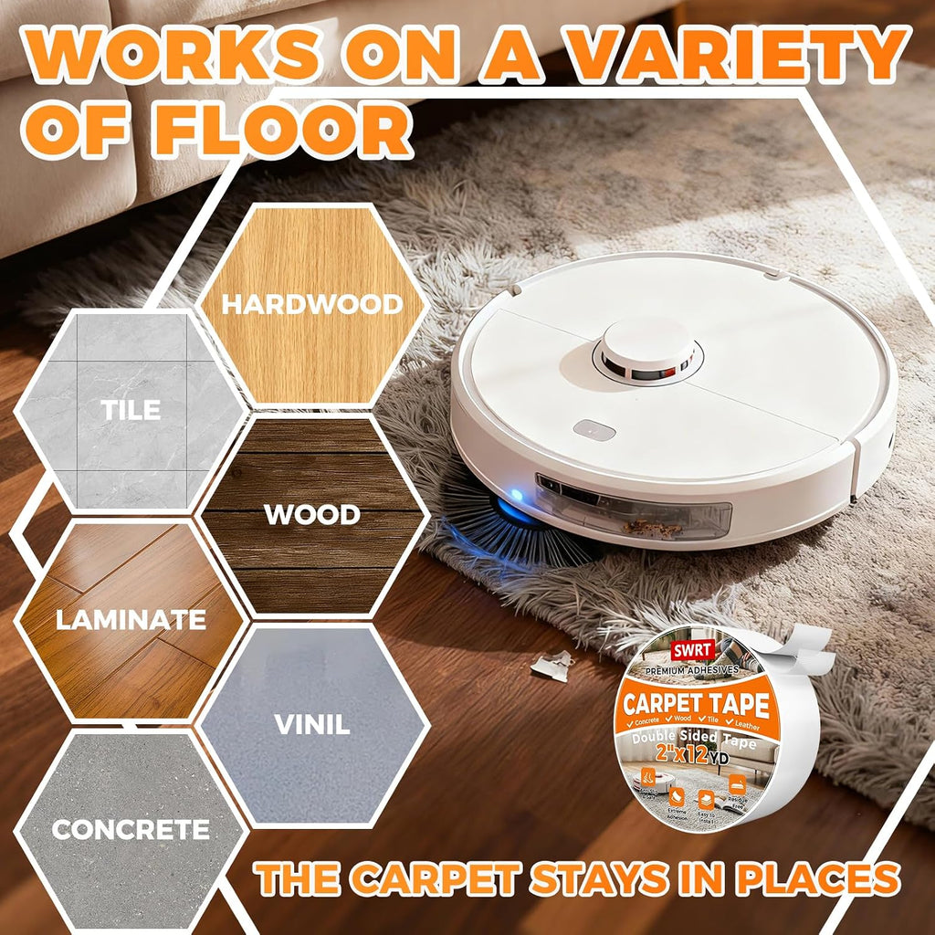 Double Sided Carpet Tape for Hardwood Floors & Area Rugs, 2" x 12YD