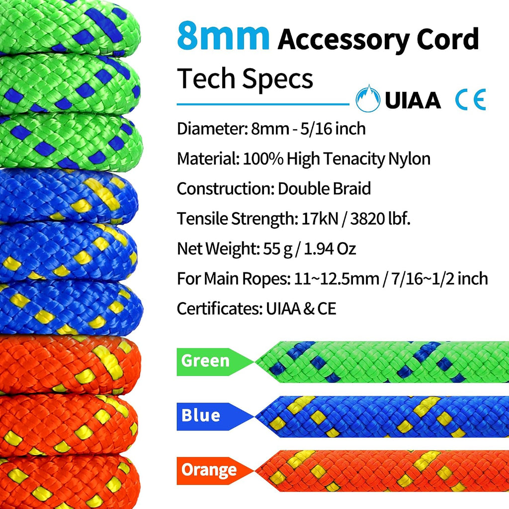 8mm Accessory Cord Prusik Cord (5/16in) 10M(32ft) Rock Climbing Accessories CE/UIAA Double Braid Pre Cut Nylon Cord