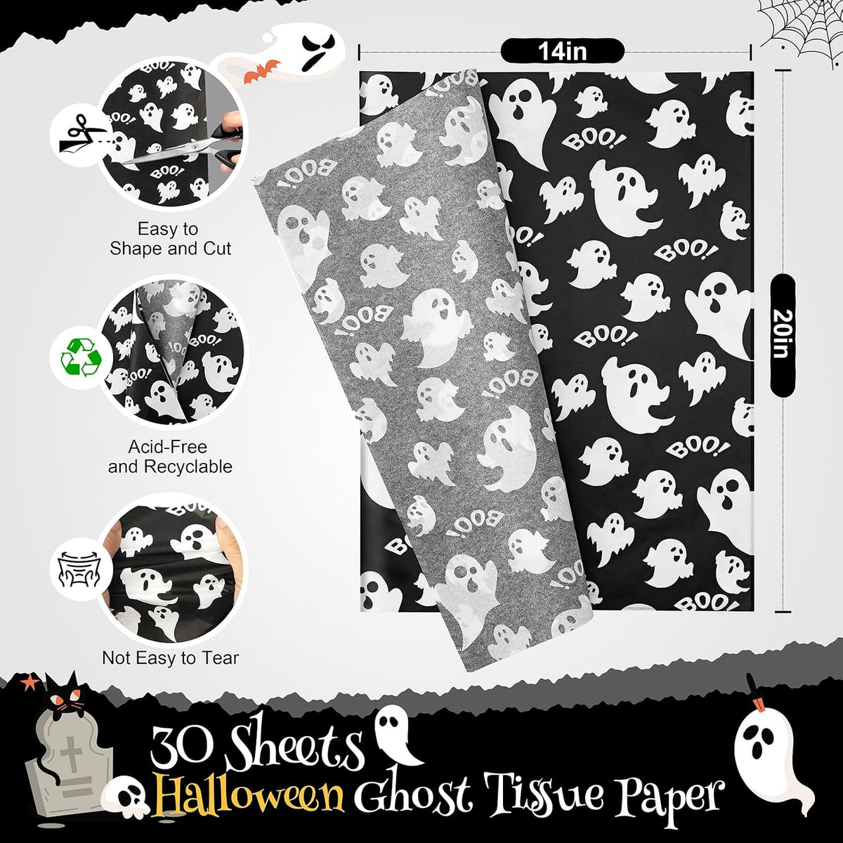 Halloween Tissue Paper for Gift Bags, Ghost Pattern 30 Sheets