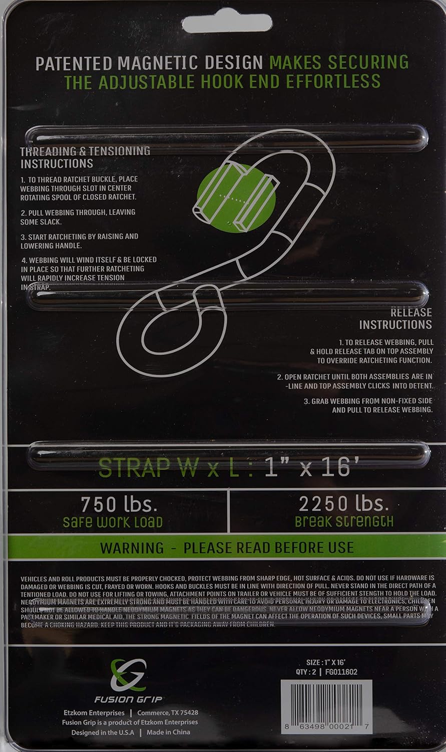 1" x 16' (2 Pack) Ratchet Strap with Magnetic Hook