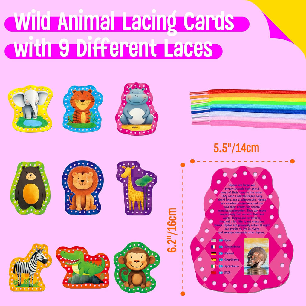 9 PCS Kids Lacing Cards, 9 Double Sided Wild Animals Sewing Cards with 9 Colorful Laces, Educational & Learning Toys