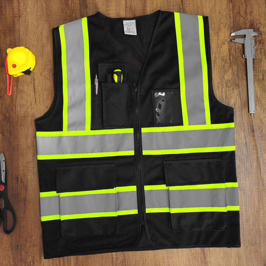 Safety Vest for Men, Hi Vis Reflective Vest with Zipper, Black, L | High Vis Vest with Pockets, Construction Mesh