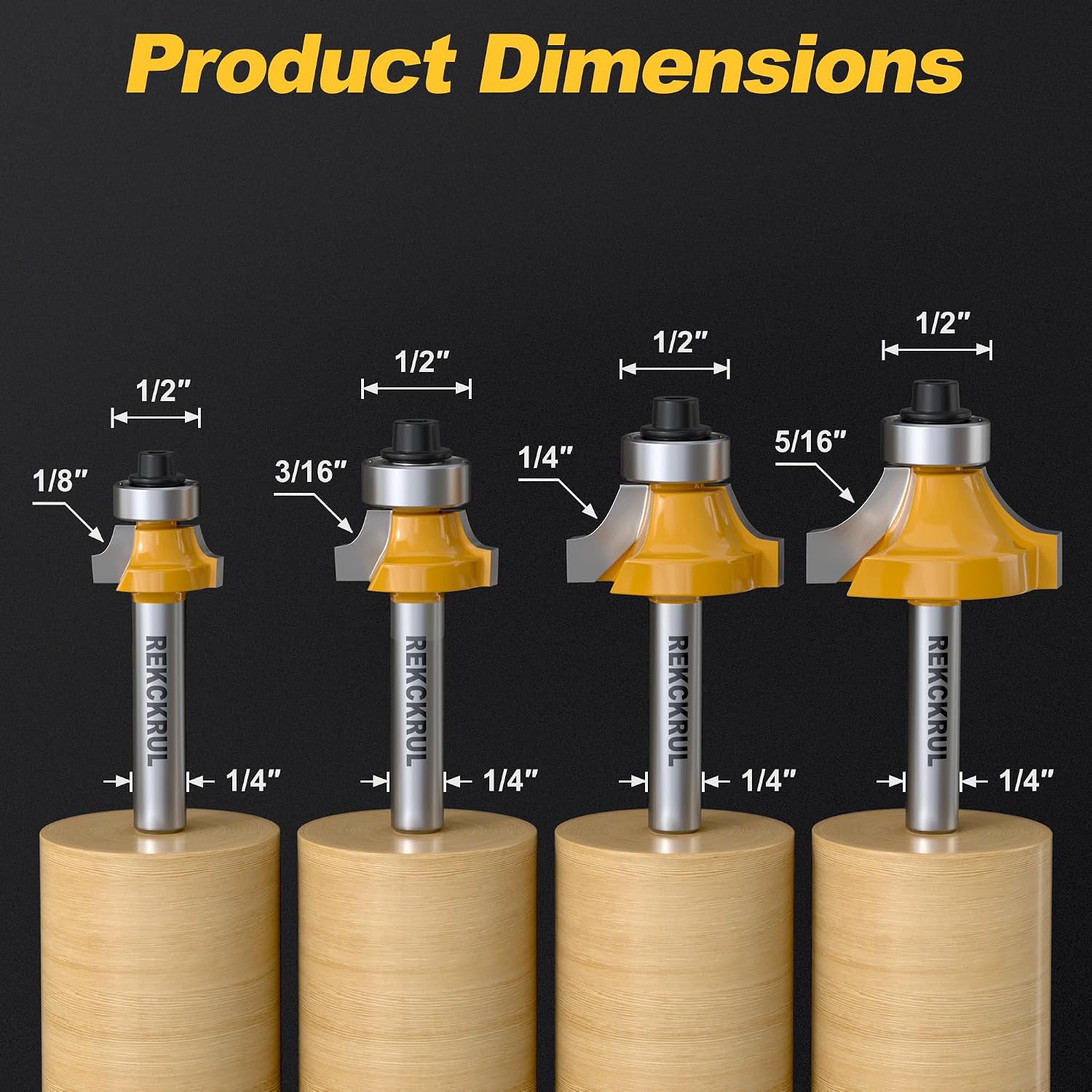 4-Piece Roundover Router Bit Set - 1/4" Shank Carbide Inserts | Rounding Edges Bits: 1/8", 3/16", 1/4", 5/16" Radius