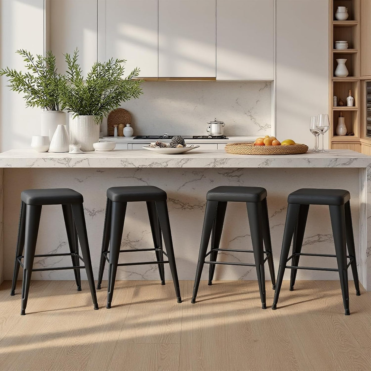 Bar Stools Set of 4, 26" Counter Height Bar Stools Backless, Upholstered Bar Stools with Metal Legs for Kitchen