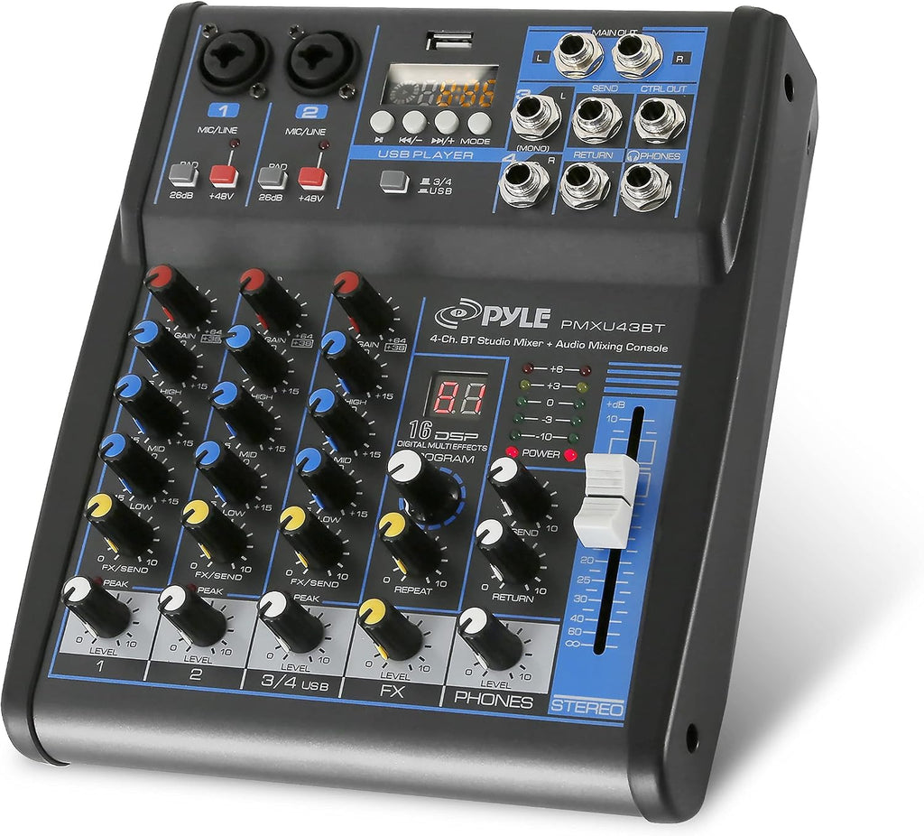 4 Channel Audio Mixer with Bluetooth - DJ Sound Board Controller - USB Computer Input - Built-in MP3 Player - 48V