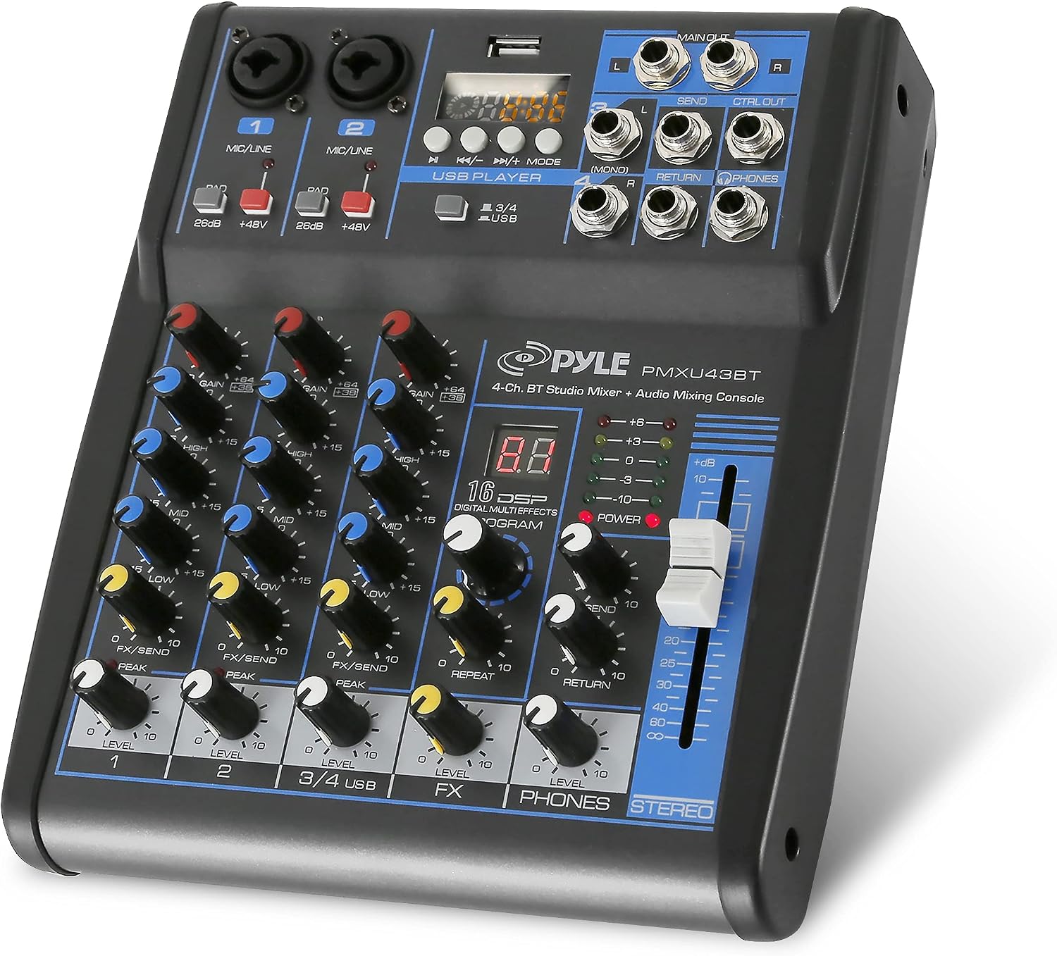 4 Channel Audio Mixer with Bluetooth - DJ Sound Board Controller - USB Computer Input - Built-in MP3 Player - 48V