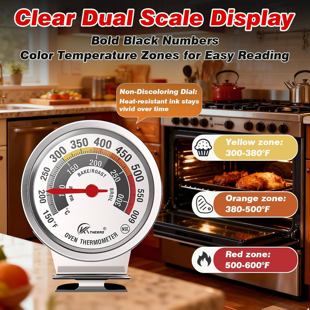 Oven Thermometer 360° Rotating Dial Extra Large Digits 150-600°F