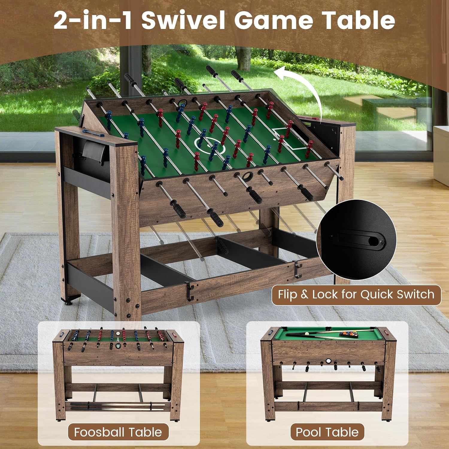 2-in-1 Swivel Multi Game Table, 48” Combo Game Table with Foosball & Pool for Adults, Indoor Outdoor Combination