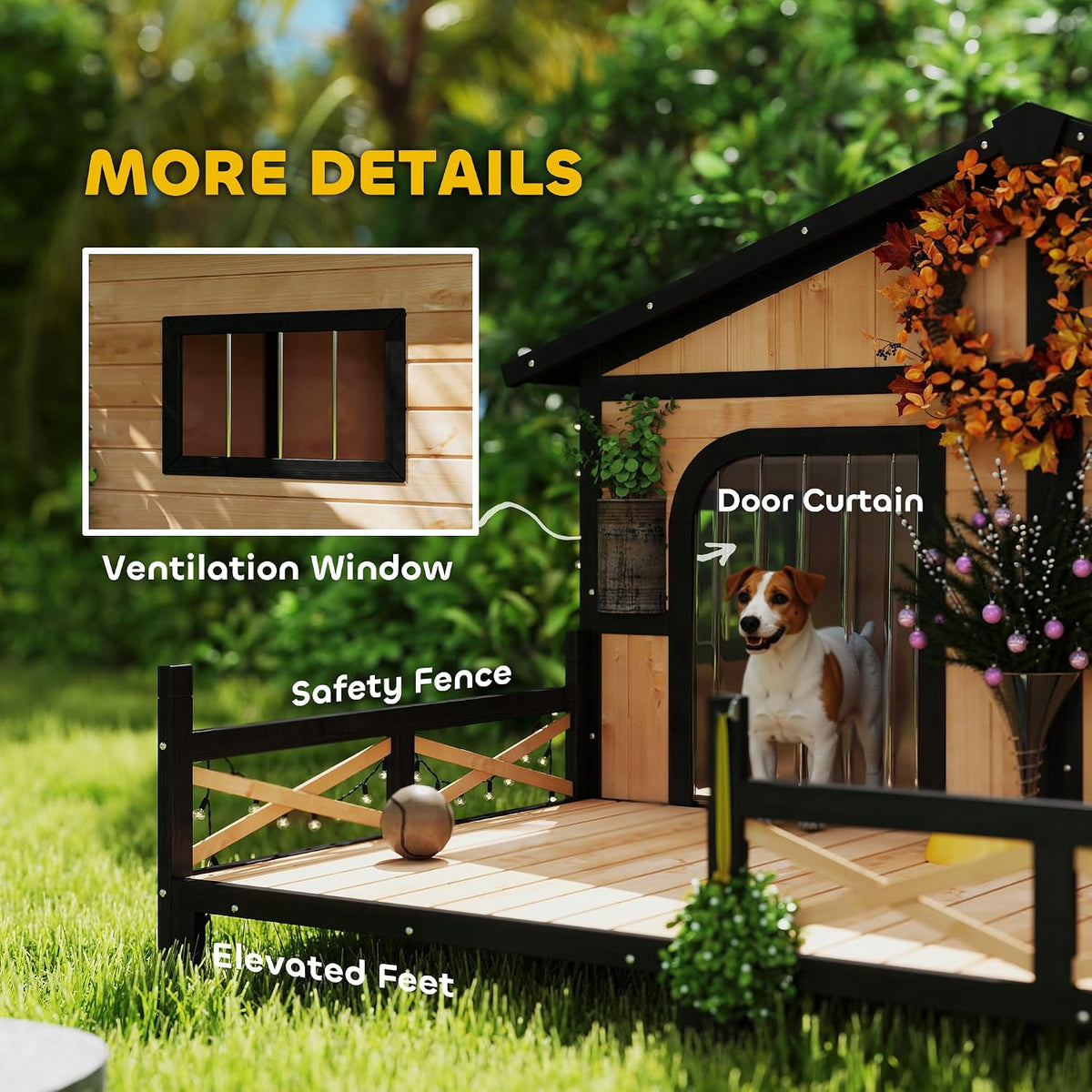 Dog House Outdoor, Wooden Dog Kennel Weatherproof with Porch, Openable Roof, Removable Bottom, Elevated Floor, Double