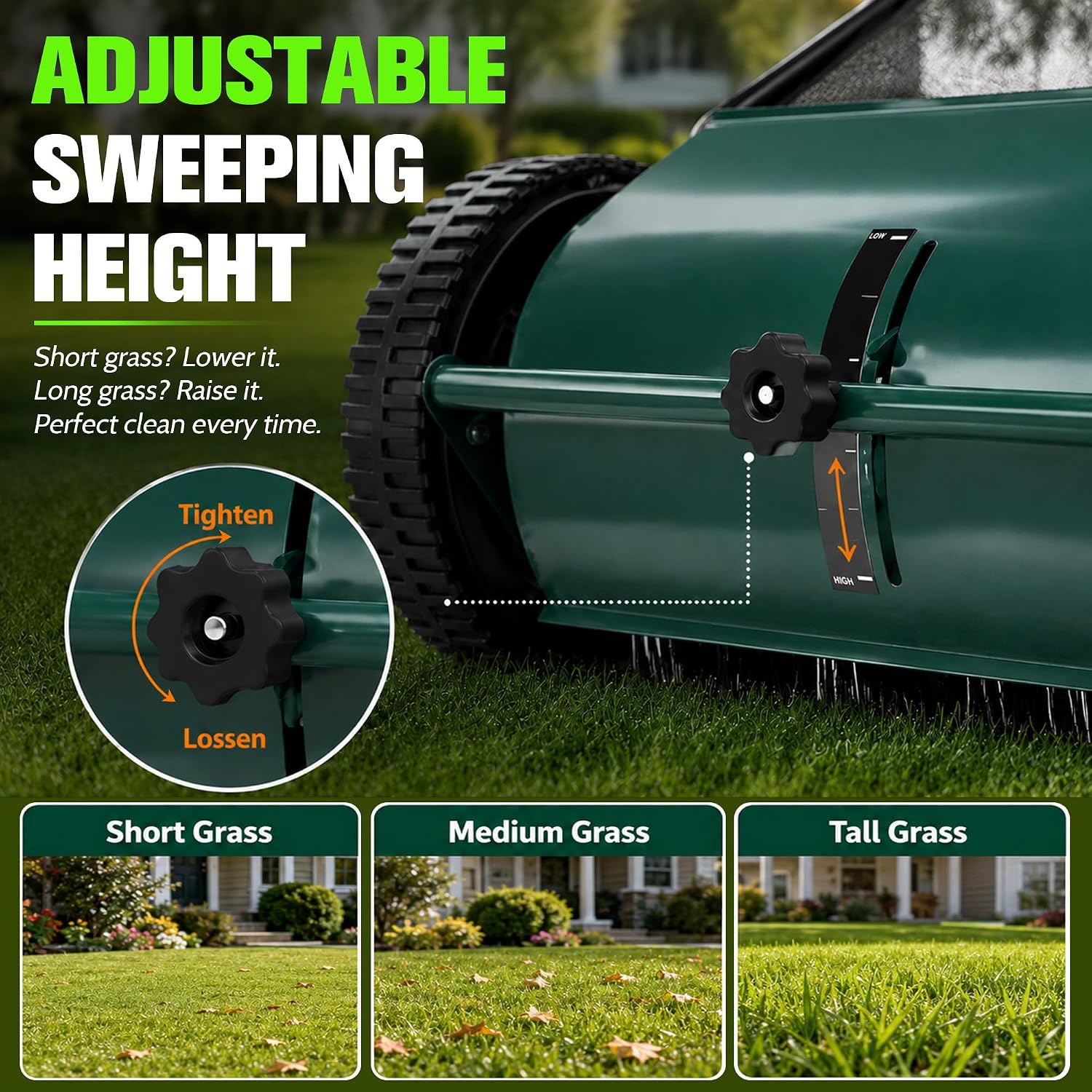 26" Push Lawn Sweeper with 8 Cuft Hopper Bag,Adjustable Brush Height, Green