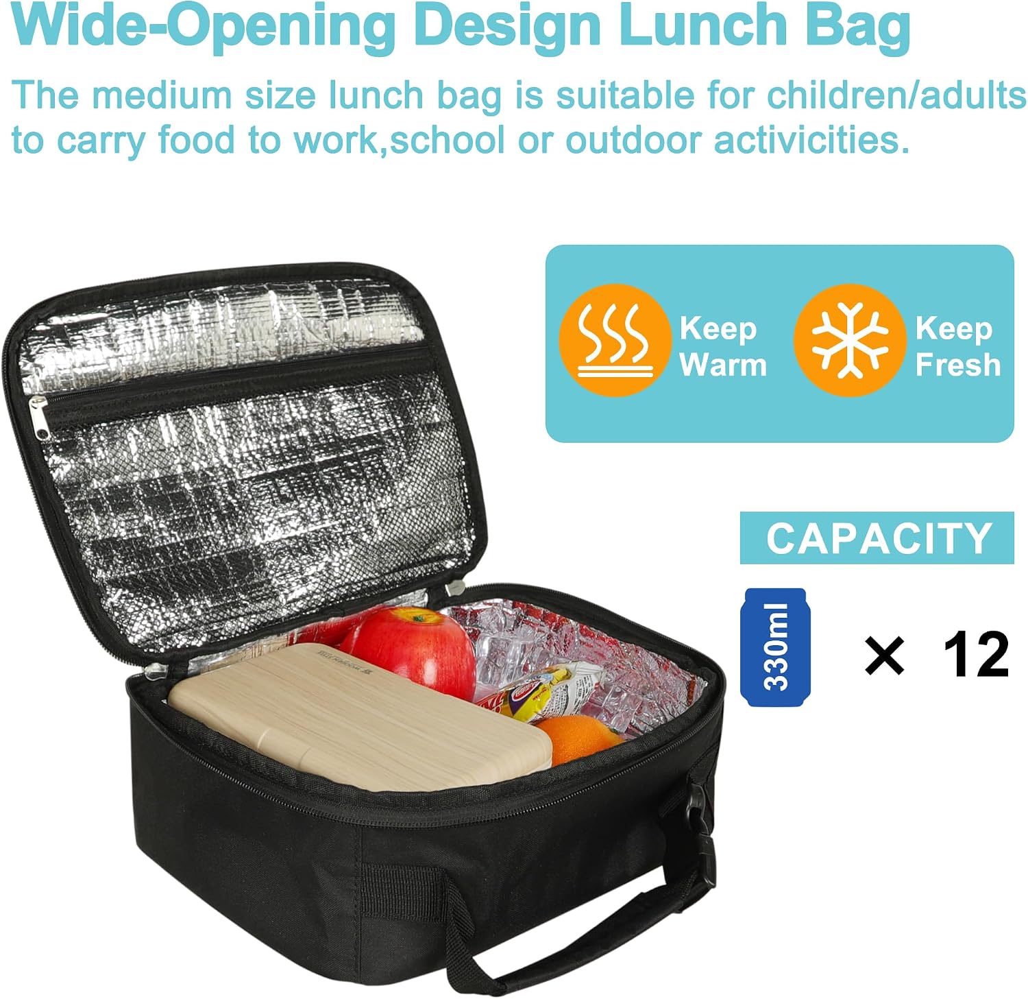 Lunch Box Kids Insulated Lunch Bag for Boys & Girls Durable Children Lunchbox for School with Water Bottle Holder-Black