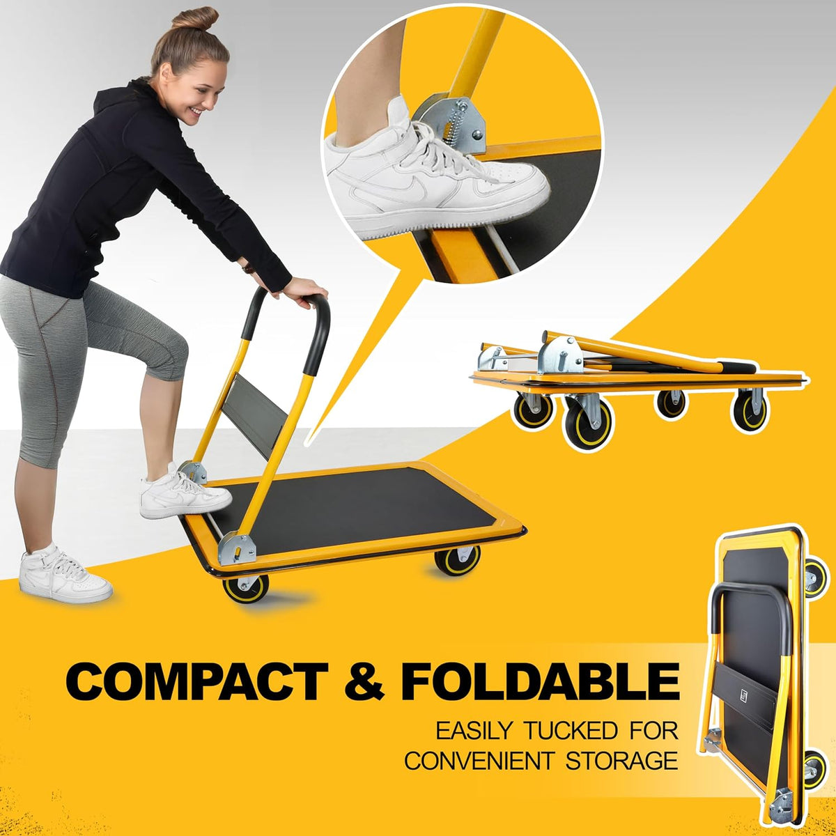 Push Cart Dolly, Foldable Moving Platform Flat Cart, 330 lb, Yellow