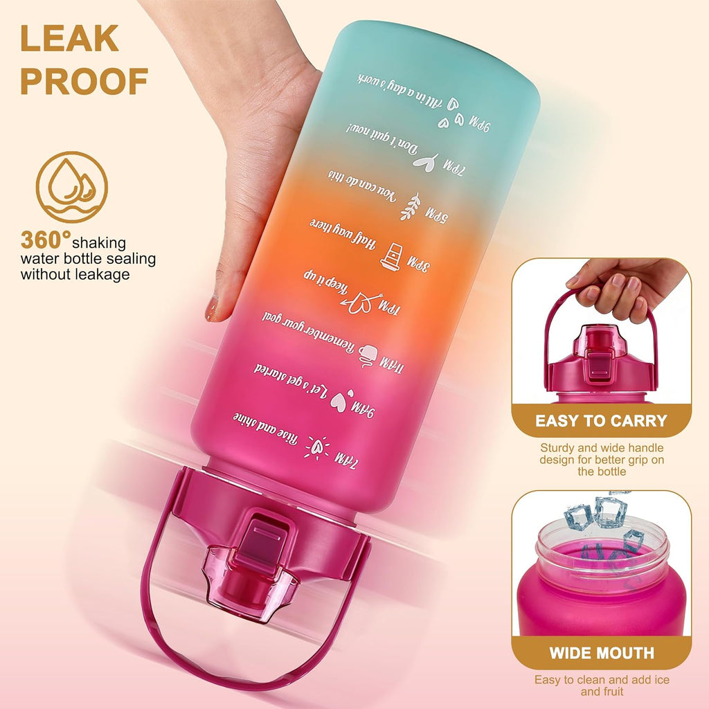 64 oz Motivational Water Bottle with Straw & Time Marker, Large BPA Free Leakproof Water Jug, Half Gallon Sports