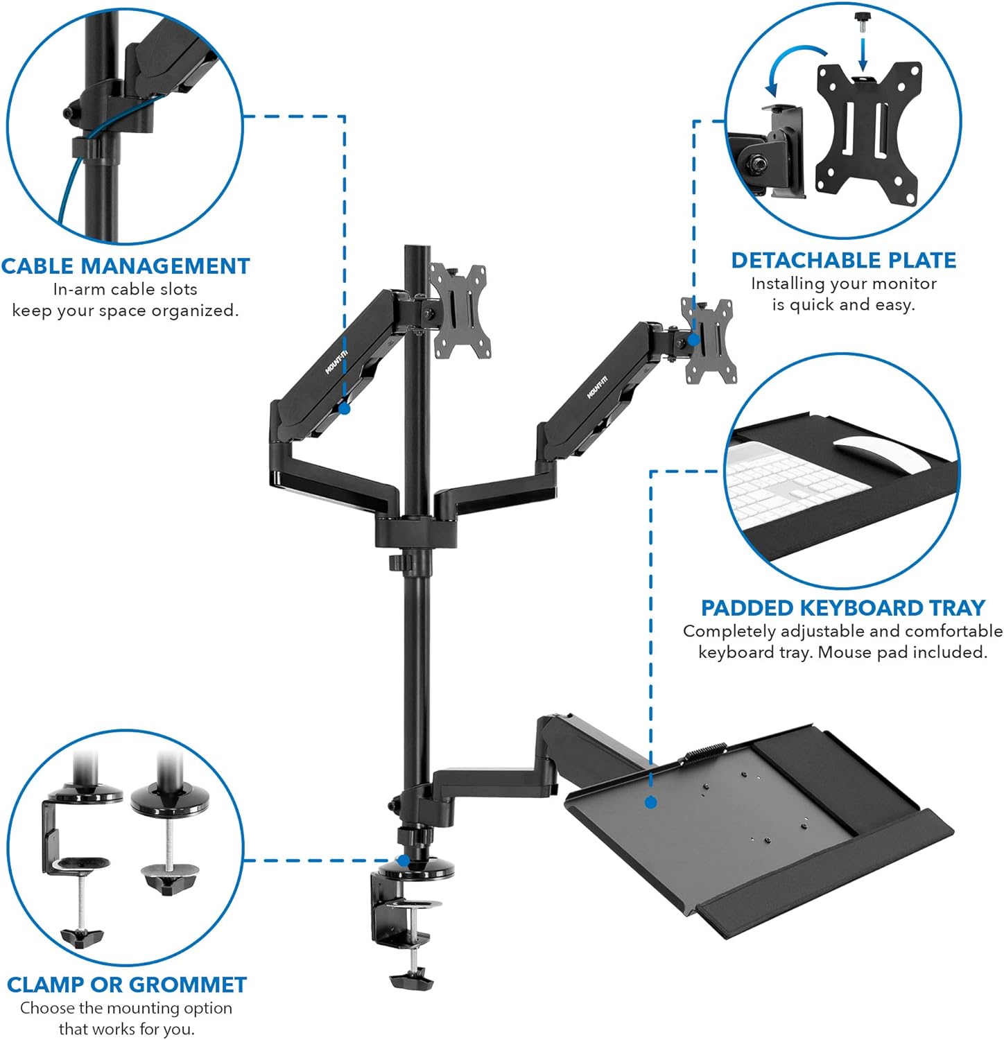 Dual Monitor Arm Desk Mount Sit-Stand Workstation with Keyboard Tray, Height Adjustable Gas Spring, Fits Two 17–32”
