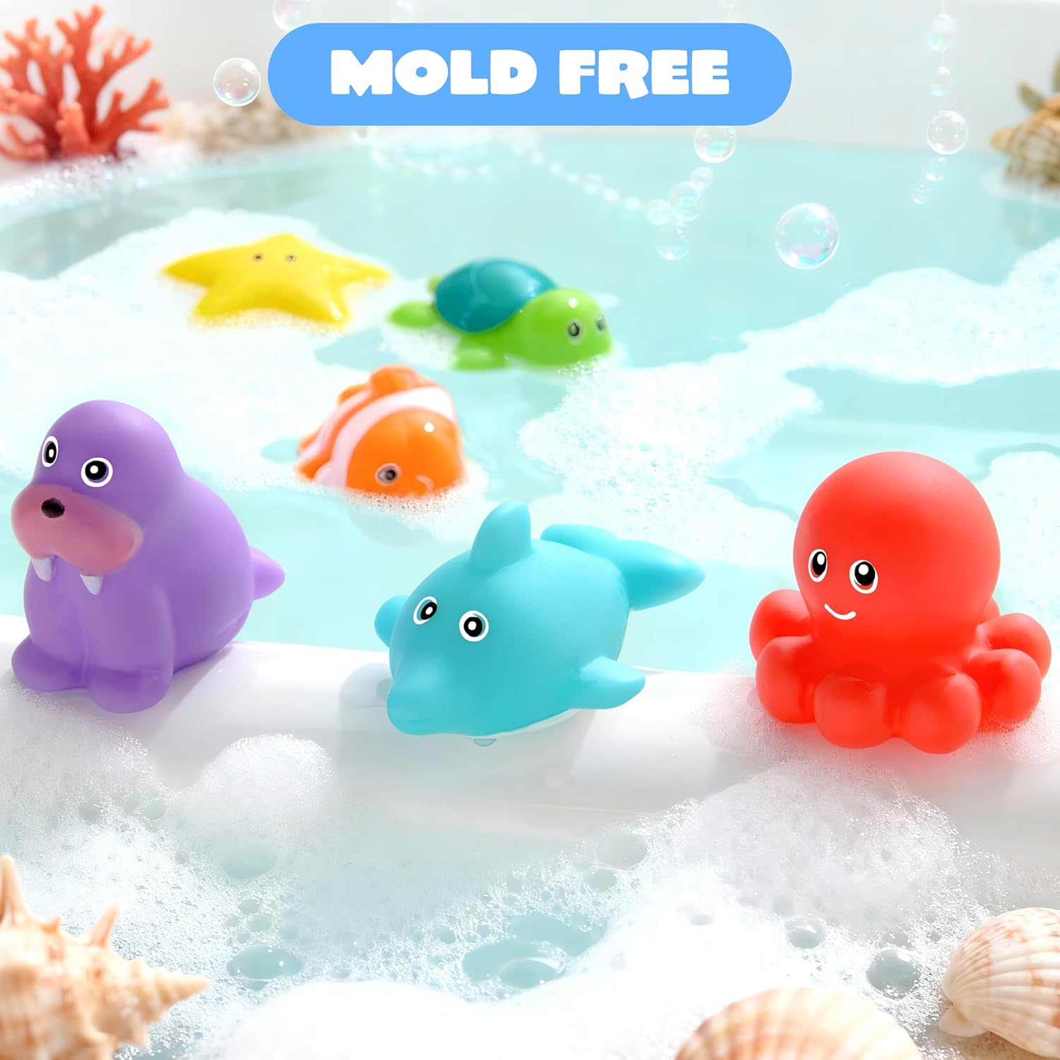 6 Pcs Sea Animal Bath Toys, Sealed & No-Hole & Mold Free Bathtub Toys for Kids, Non-Toxic & Soft Water Vehicles Toys