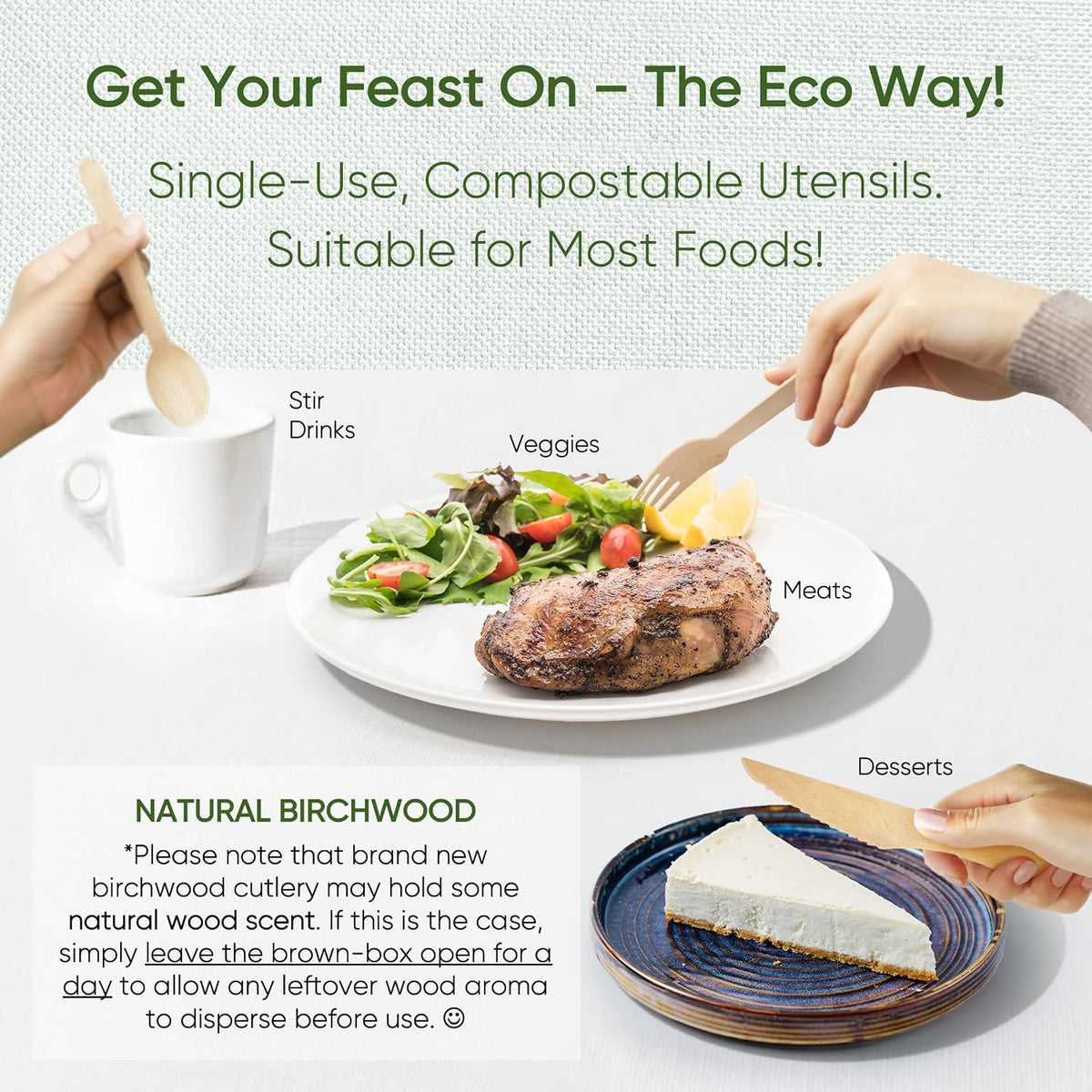 100% Compostable Wooden Cutlery Set, Disposable Utensils, 360 PCS