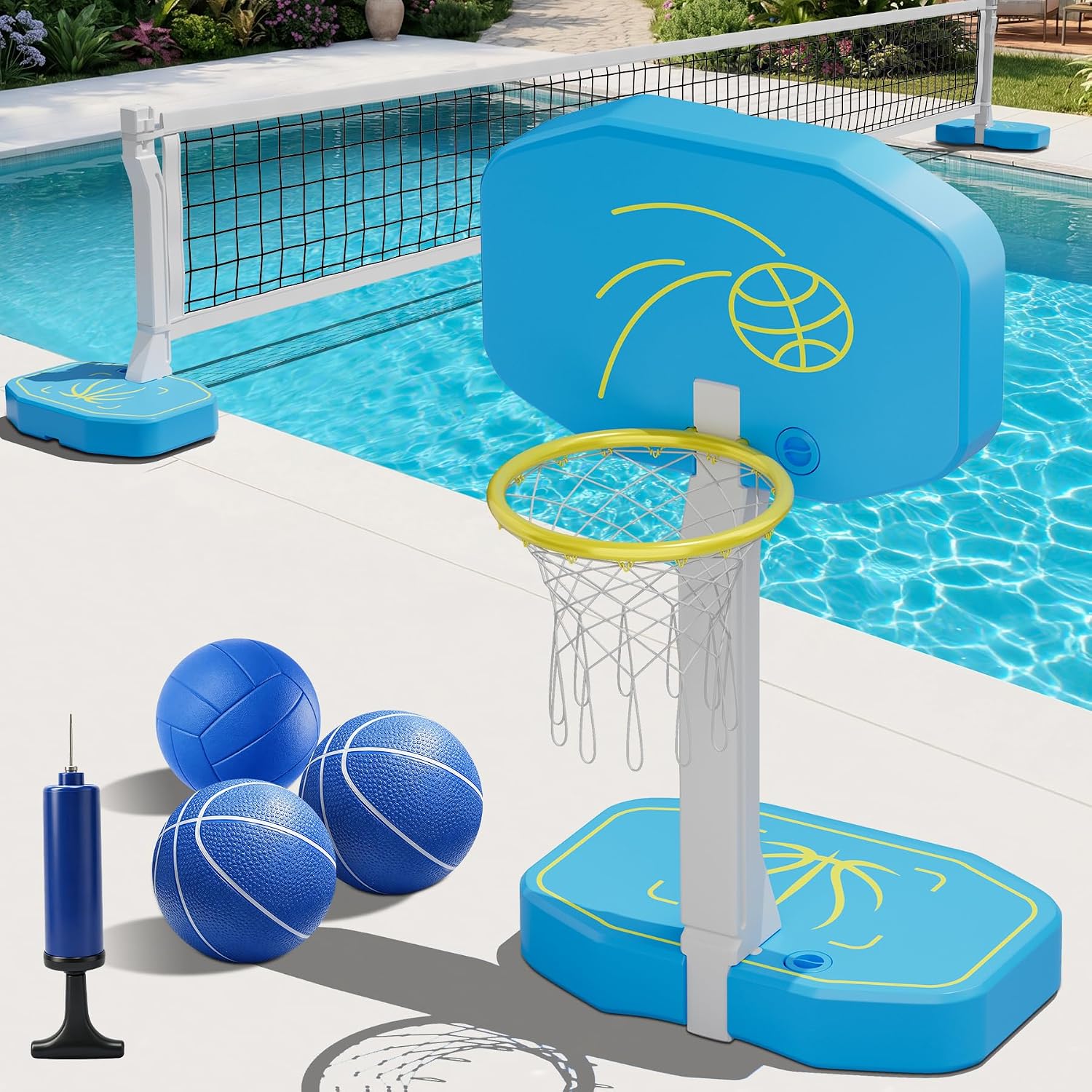 2-in-1 Pool Basketball Hoop & Pool Volleyball Net w/3 Balls | Poolside Basketball Hoop for Swimming Pool