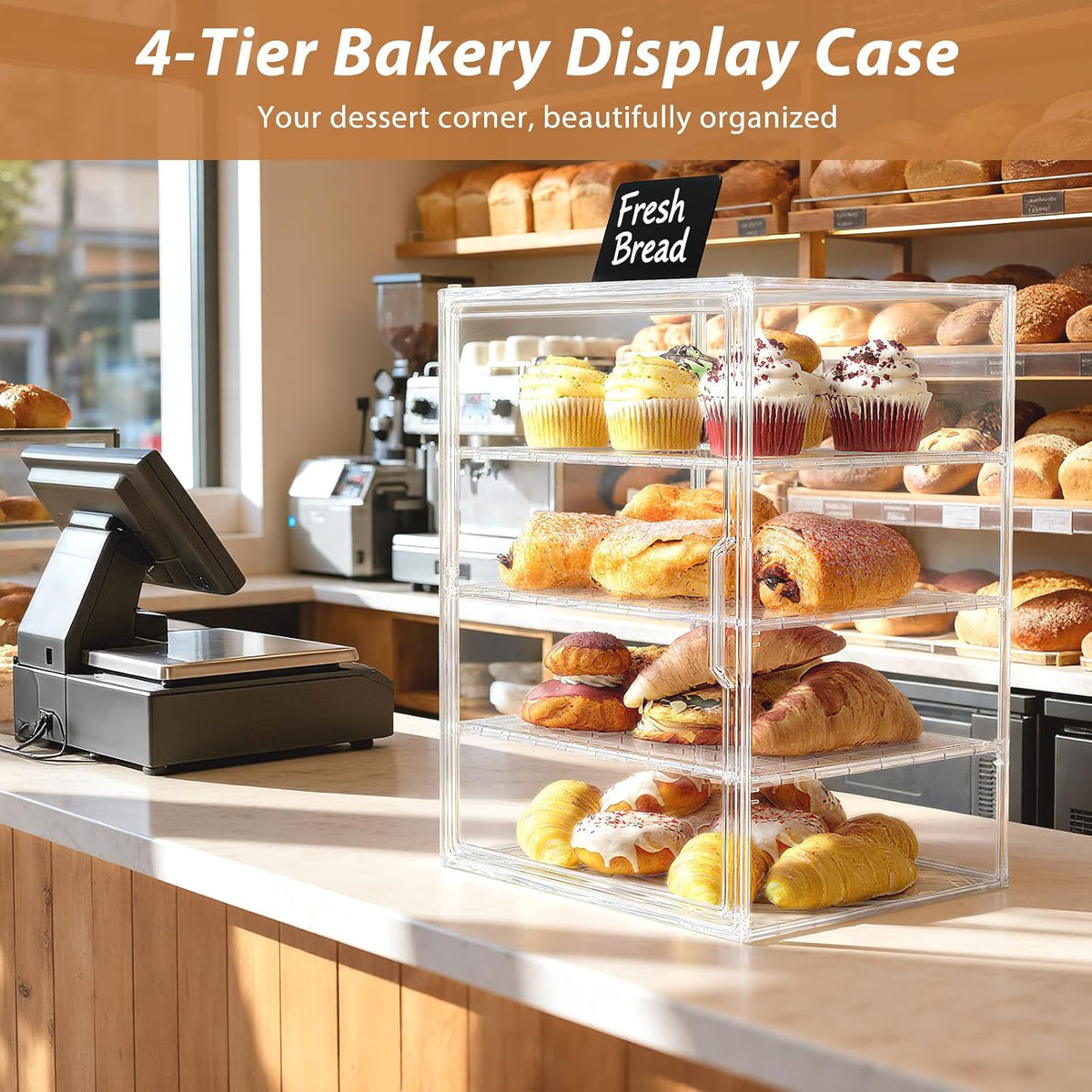 Bread Box, 4-Layer Adjustable Pastry Display Case, Transparent