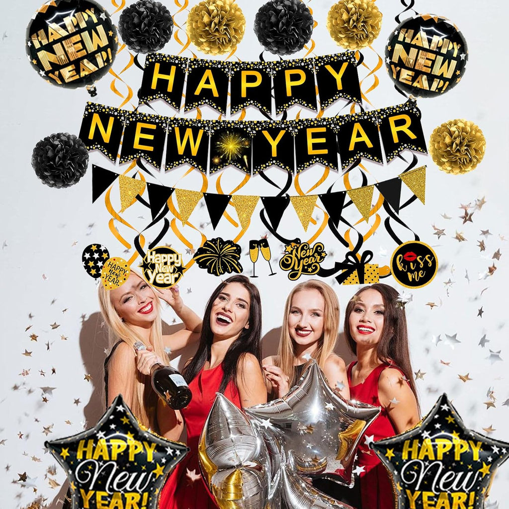 Happy New Year Paper Banner Triangle Flag Bunting Pom poms Swirls Streamers & Balloons for New year Party Decoration