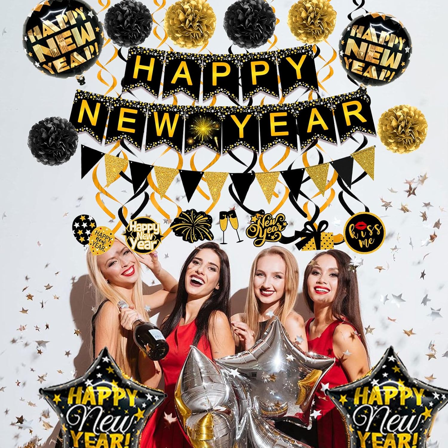 Happy New Year Paper Banner Triangle Flag Bunting Pom poms Swirls Streamers & Balloons for New year Party Decoration