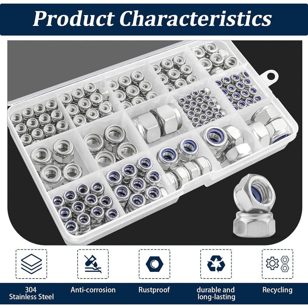 SAE & Metric Nylon Lock Nut Assortment Kit 348Pcs Stainless Steel