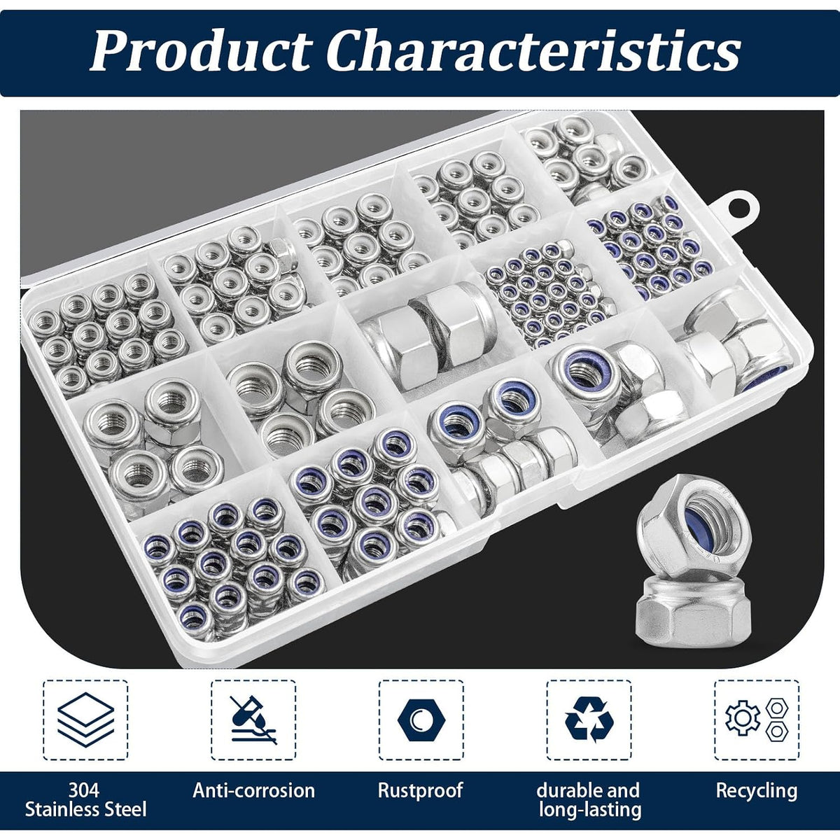 SAE & Metric Nylon Lock Nut Assortment Kit 348Pcs Stainless Steel