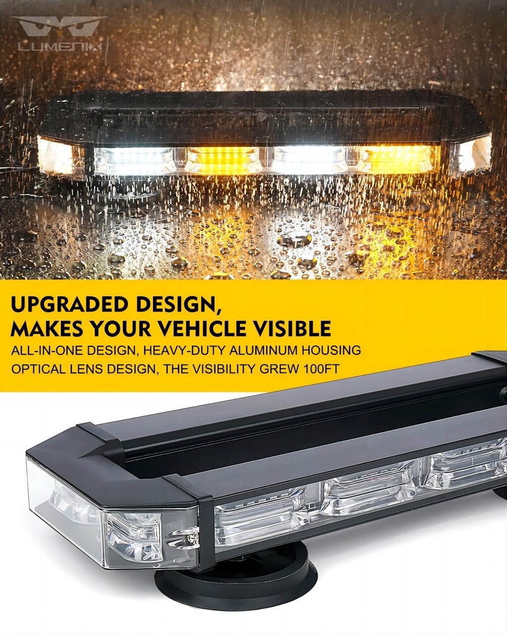 White Amber LED Rooftop Emergency Strobe Light Bar with Controller | Magnetic Mount Roof Top Warning Beacon Caution