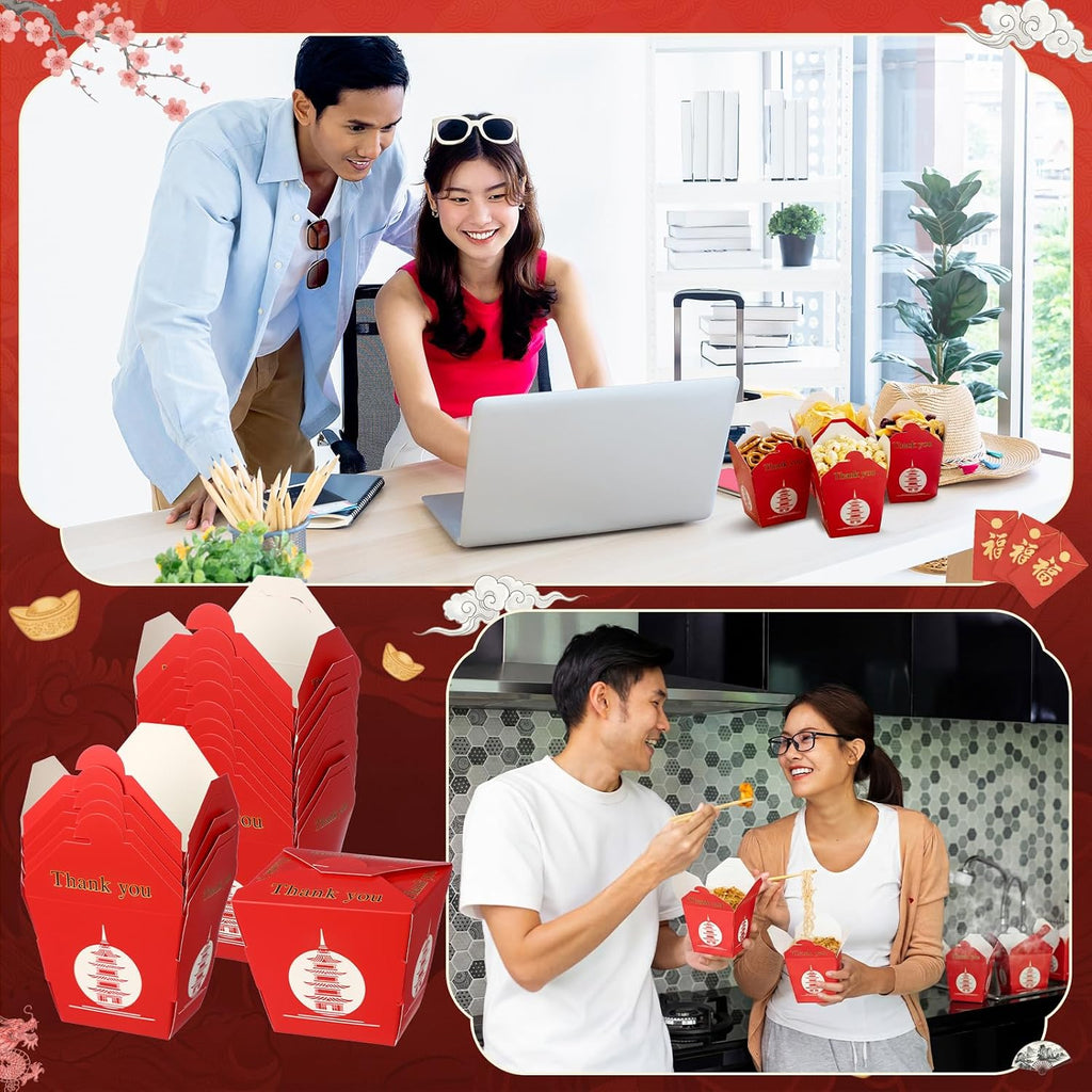 60 Pcs Takeout Boxes 8oz Paper Containers Asian Pagoda, Pagoda, Red