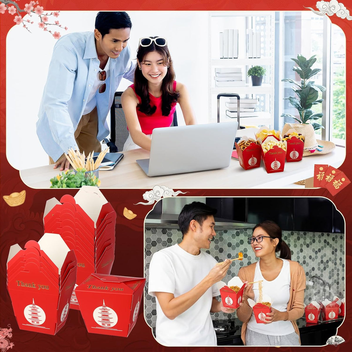 60 Pcs Takeout Boxes 8oz Paper Containers Asian Pagoda, Pagoda, Red