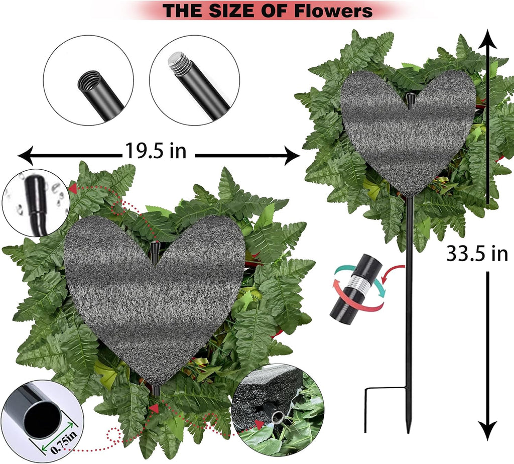 Artificial Cemetery Flowers, Grave Memorial Flowers with Ground Spike,Heart Shaped Wreaths Rose Daisy for Gravesites