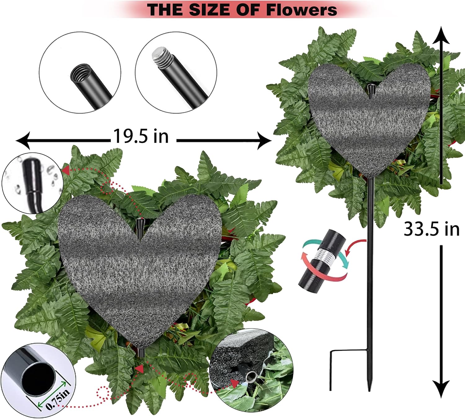 Artificial Cemetery Flowers, Grave Memorial Flowers with Ground Spike,Heart Shaped Wreaths Rose Daisy for Gravesites