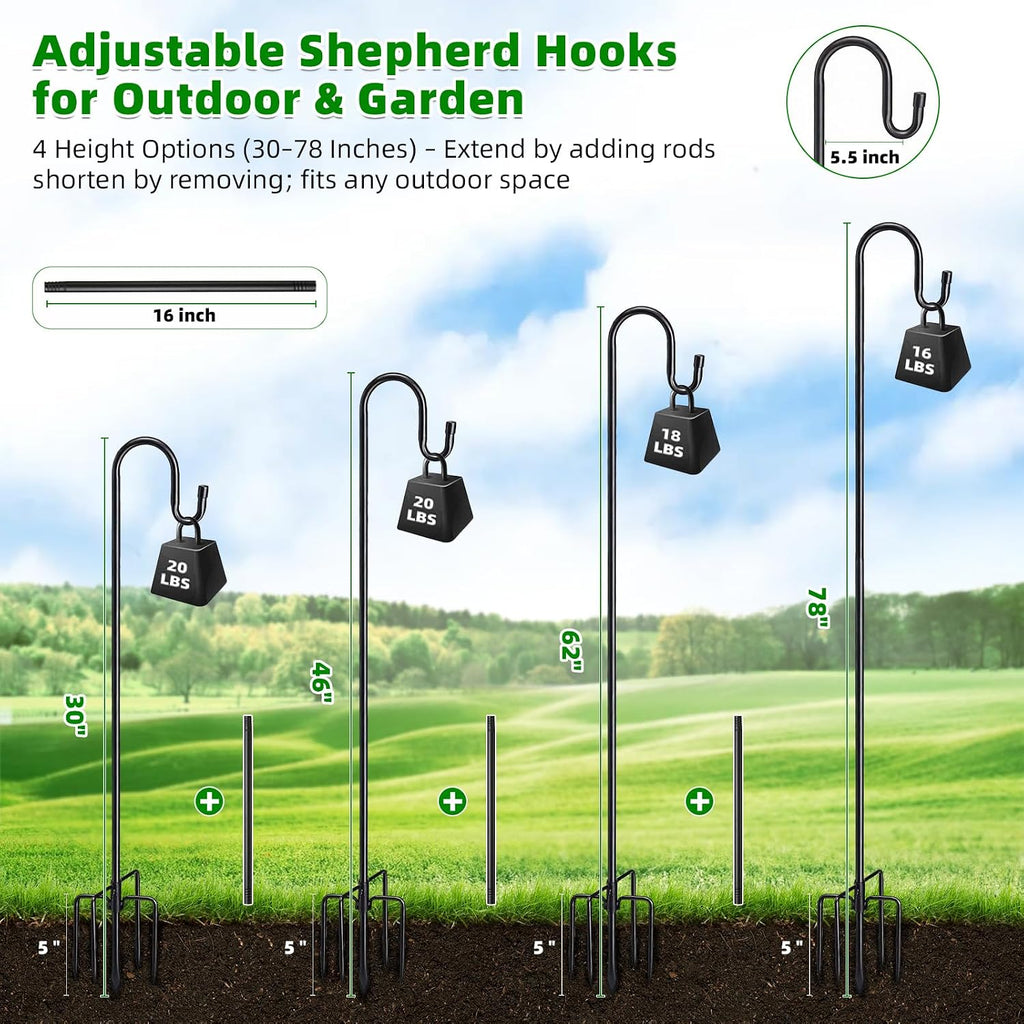 78" Heavy Duty Shepherds Hooks for Outdoor, Bird Feeder Pole with 5 Prong Base, Adjustable Height Shepherds Hook for