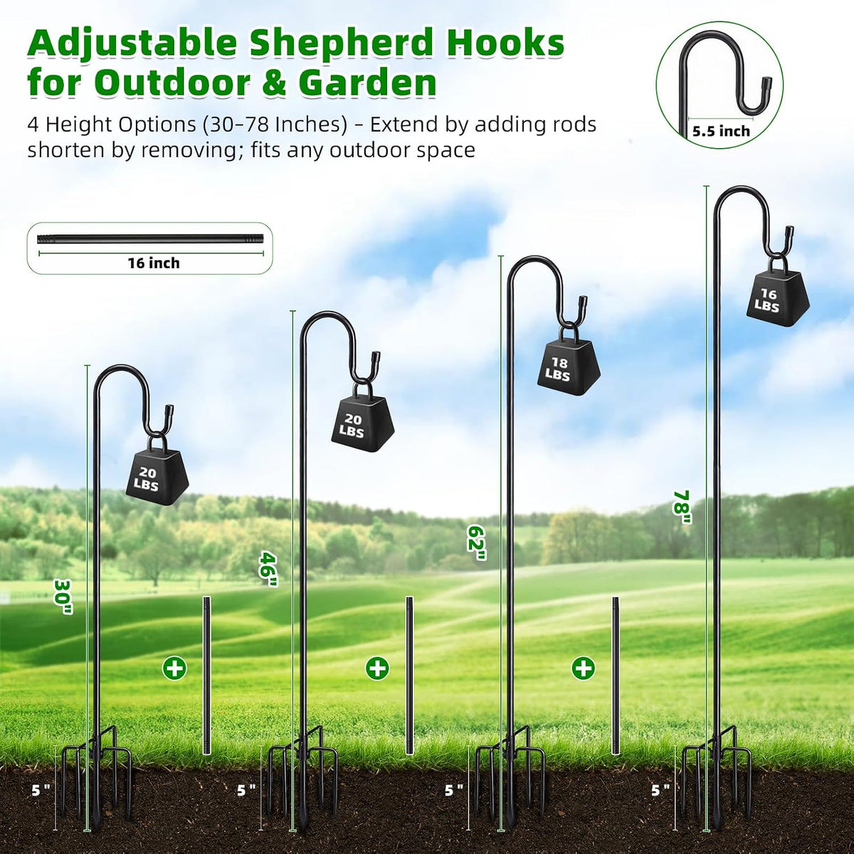 78" Heavy Duty Shepherds Hooks for Outdoor, Bird Feeder Pole with 5 Prong Base, Adjustable Height Shepherds Hook for