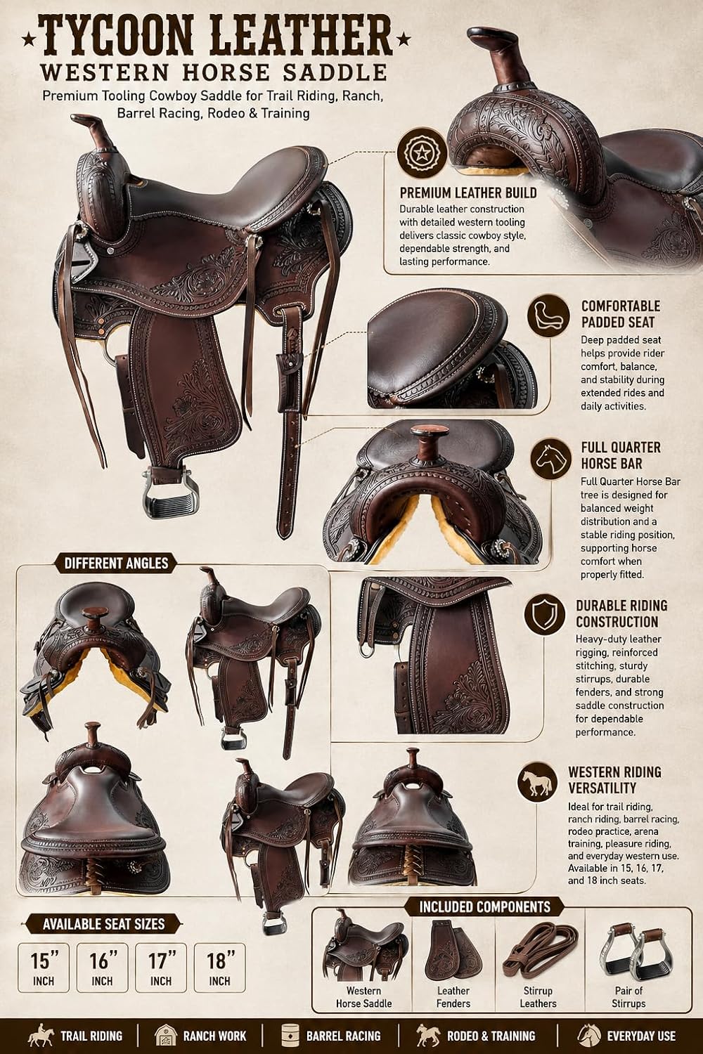 Western Horse Saddle, Premium Tooling Cowboy Saddle for Trail Riding, Ranch, Barrel Racing, Rodeo & Training, 15 16