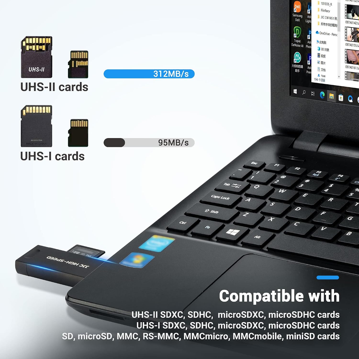 UHS-II SD MicroSD USB Card Reader, Transfer Speed up to 312MB/s, Gray | SD Card Adapter, 3-in-1 USB-A USB-C Micro USB