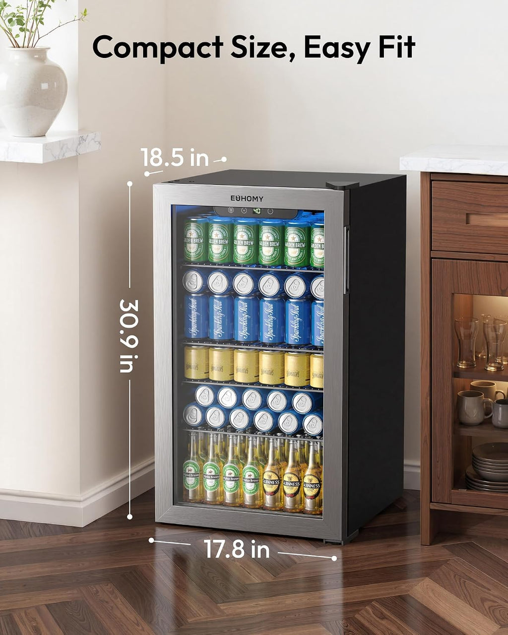 130 Can Mini Fridge, Beverage Refrigerator with Glass Door, Silver