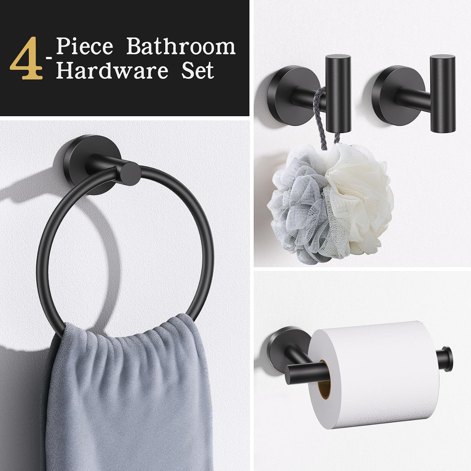 Bathroom Hardware Set, 4-Piece Towel Bar Set Include Toilet Paper Holder,Towel Ring and 2 Towel Hooks Stainless Steel
