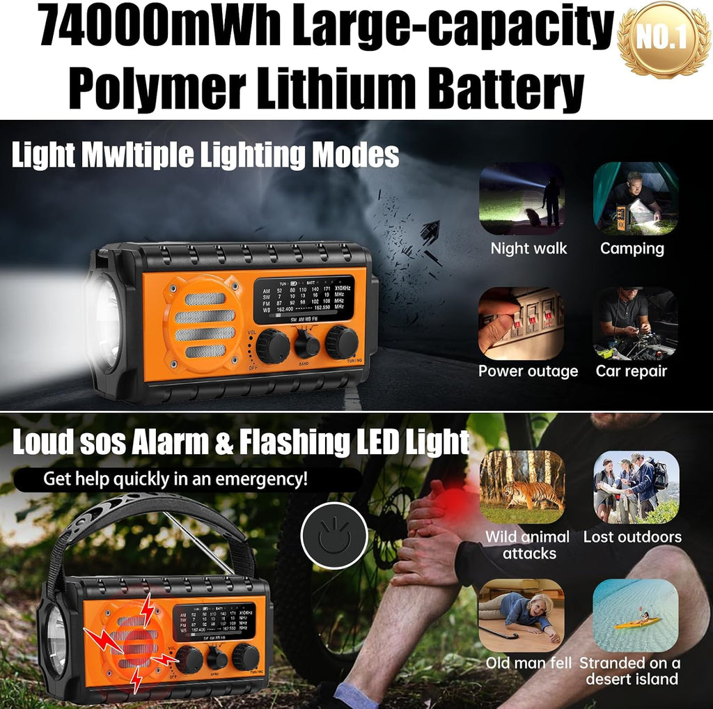Solar Hand Crank Emergency Radio, 20000mAh AM FM NOAA Weather Radio | Clear radio reception, built‑in LED flashlight